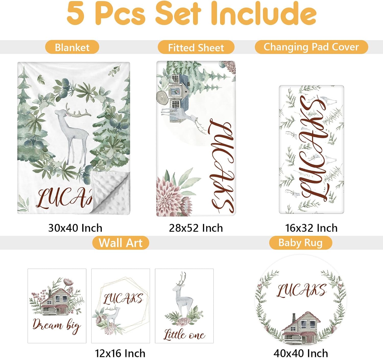 Terwex Personalized Baby Bedding Set - 5 Pcs Custom Toddlers Bedding Set with Infant Name - Soft Double Layer Nursery Crib Set for Girls Boys - Customized Infant Gifts for Baby Shower - Forest Deer