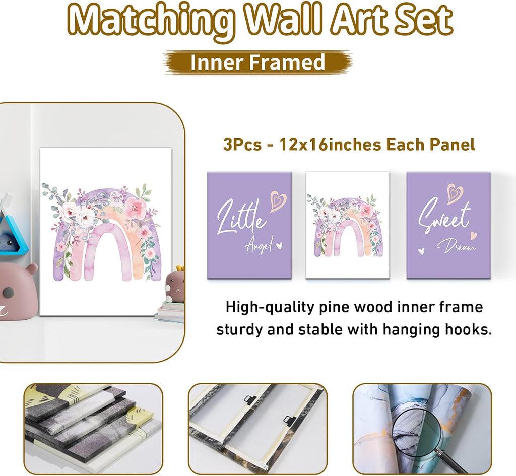 Terwex Personalized Baby Crib Set, 5 Pcs Custom Name Bedding for Girls Boys - Nursery Crib Sets, Soft Toddler Sets for Infant Customized Gifts, Purple Rainbow