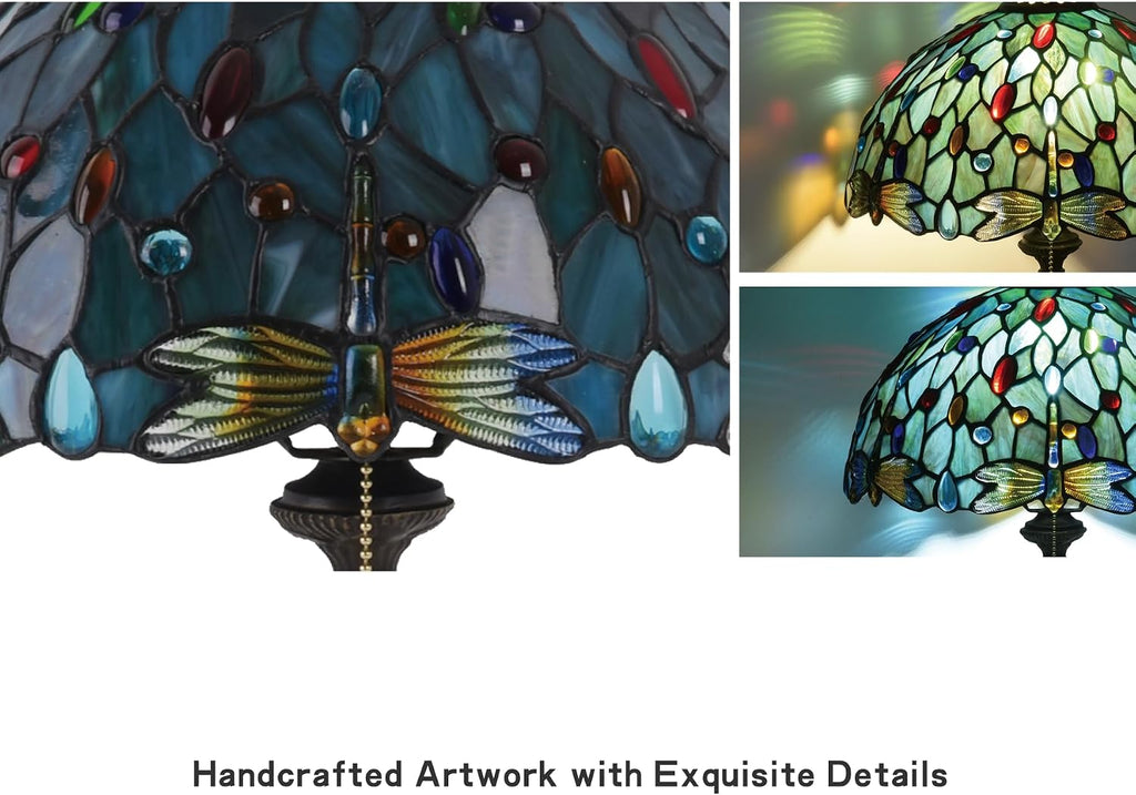 Tiffany Style Stained Glass Table Lamp 12-inch Dia Ocean Blue Dragonfly Design Lampshade Vintage Nightstand Light for Bedroom Dorm Living Hallway Cottage Office Cafe Ceremony Housewarming Gift