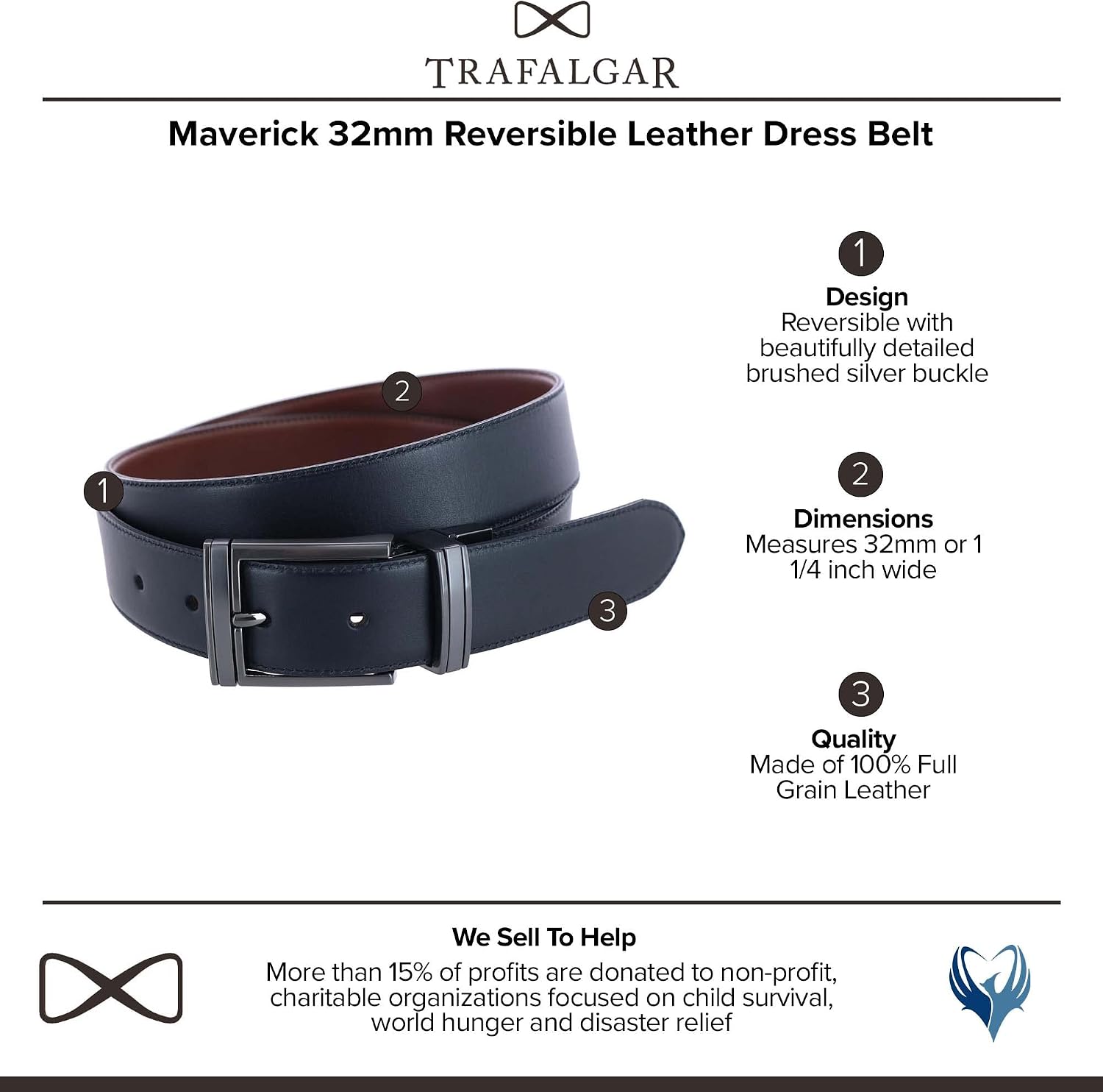 Trafalgar Men's Maverick 32mm Reversible Leather Dress Belt
