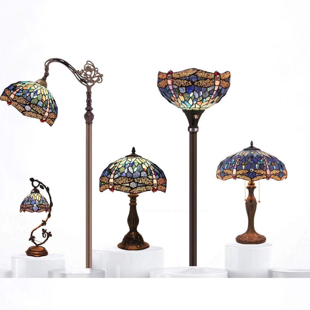 WERFACTORY Tiffany Lamp Blue Stained Glass Dragonfly Style Bedside Table Lamp 16X16X24 Inch Desk Reading Light Metal Base Decor Bedroom Living Room Home Office S631 Series