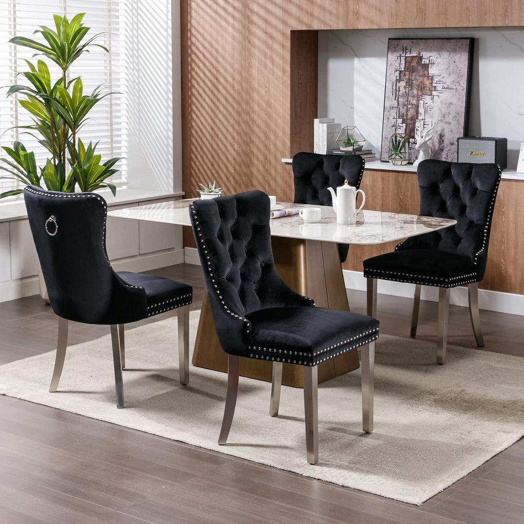 2 Piece Contemporary Velvet Upholstered Dining Chair with Chrome Stainless Steel Plating Legs, Nail Head Decro, Armless Tufted Dining Chair Fabric Dining Room Chair (Black&Silver, Set of 2)