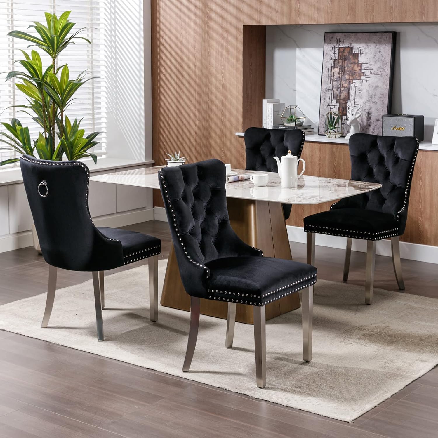 2 Piece Contemporary Velvet Upholstered Dining Chair with Chrome Stainless Steel Plating Legs, Nail Head Decro, Armless Tufted Dining Chair Fabric Dining Room Chair (Black&Silver, Set of 2)