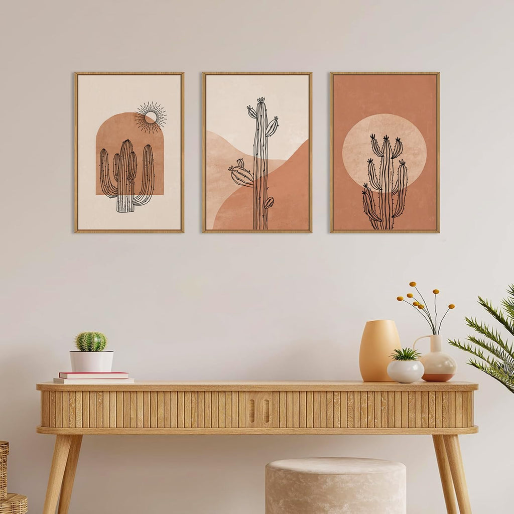 Ausril Boho Minimalist Cactus Framed Canvas Wall Art Set, Mid Century Saguaro Wall Decor, Abstract Geometric Desert Wall Painting, Beige Brown Plant Art Prints for Living Room, Bedroom, Office - 24'X36'X3