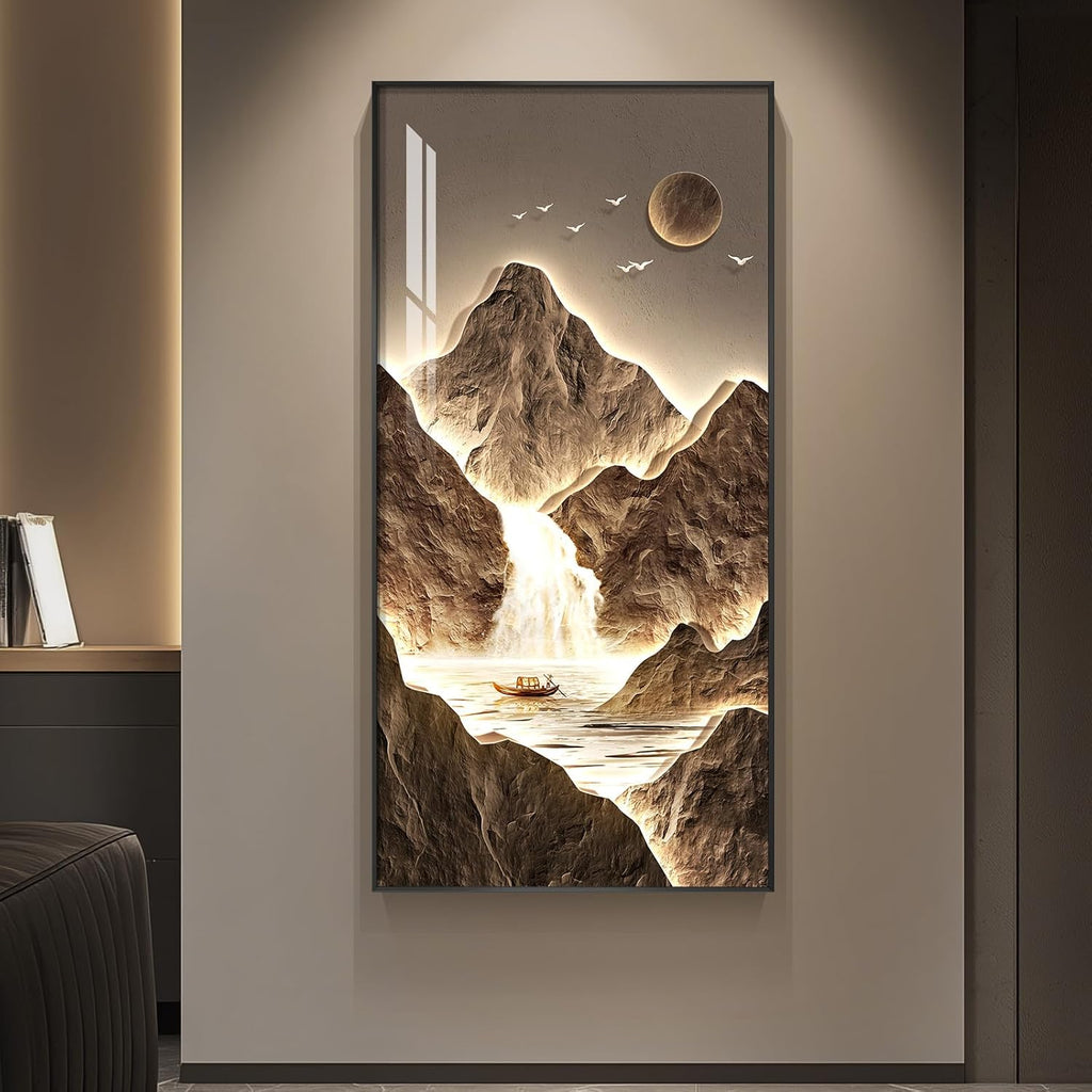 Framed Large Modern Mountain Wall Art for Living Room, Vertical Gold Bright Style Artwork for Walls, Luxury Landscape Scenery Painting Print for Entryway Hallway Stair Home Office Wall Decor, 30x60 In
