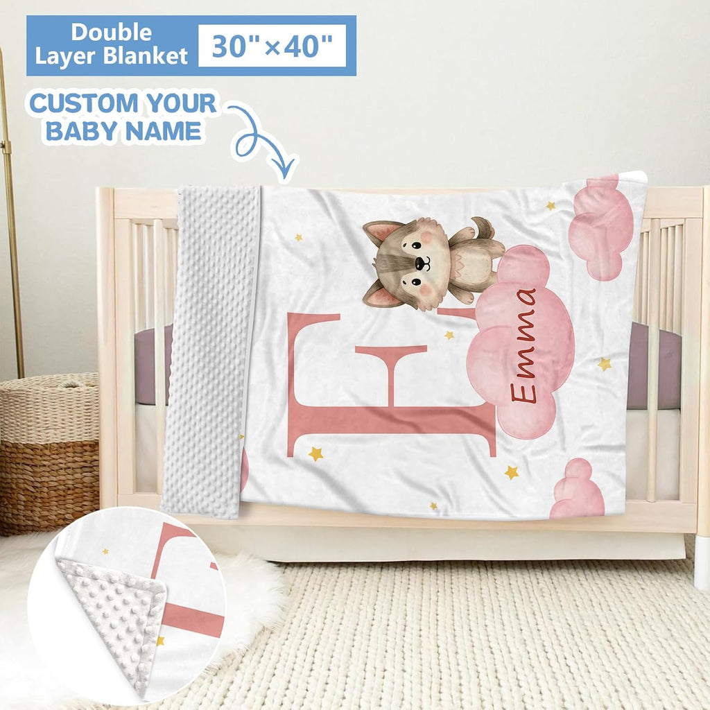 KAINSY Custom Crib Bedding Set, 5 Pcs Personalized Name Monogram Baby Crib Sets for Infants Toddlers, Pink Wolf Nursery Bedding Set for Boys Girls, Double Layer Baby Bedding Sets Customized Gifts