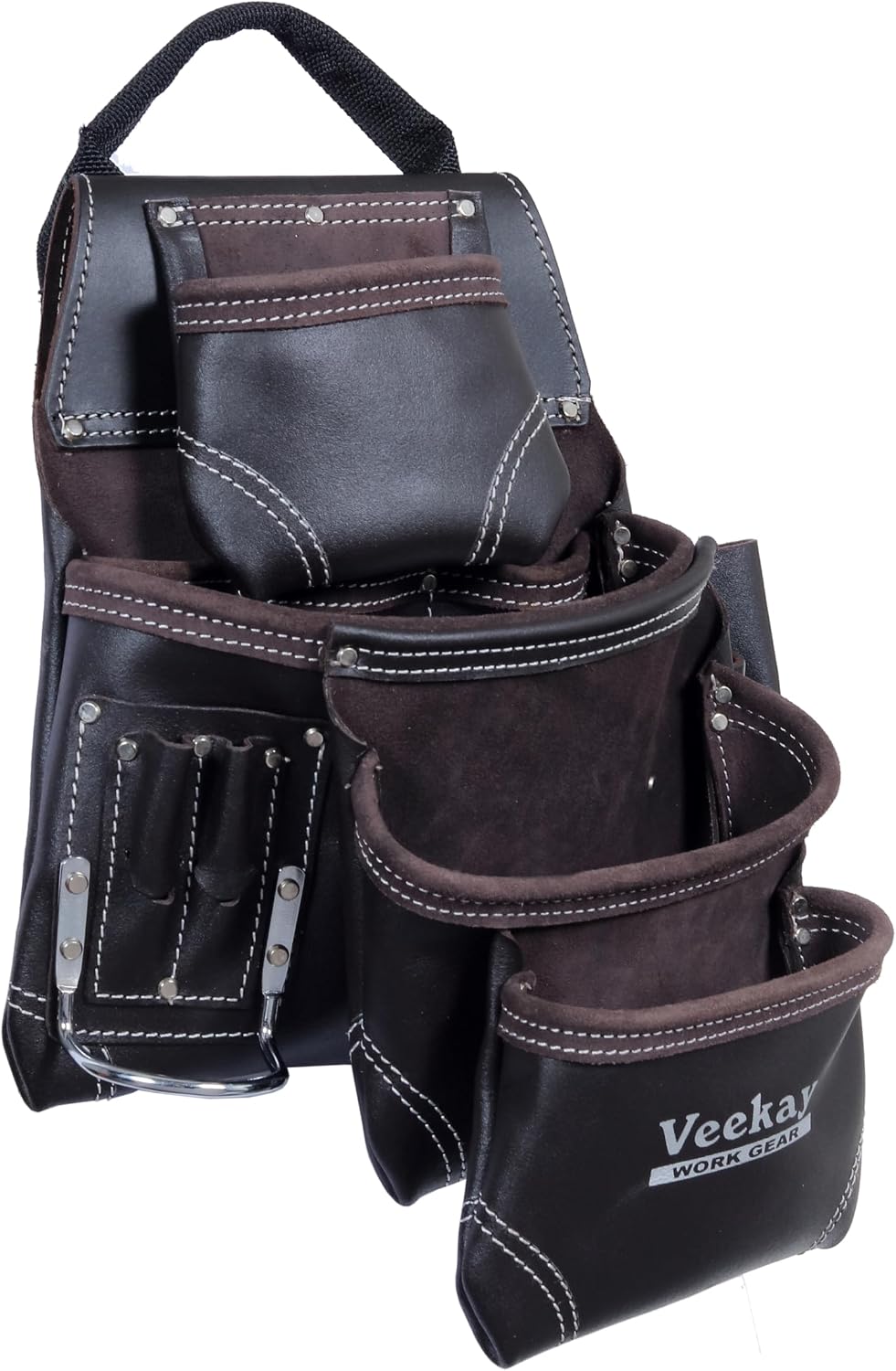 VEEKAY Men's Leather work Belt Oil Tanned Heavy Duty 3 Inch Wide Tool Belt with Rig 22 Pocket Tool pouch bag Brown for Carpenter, Construction, Framers, Handyman, Electrician Fits for 30' to 56' Waist