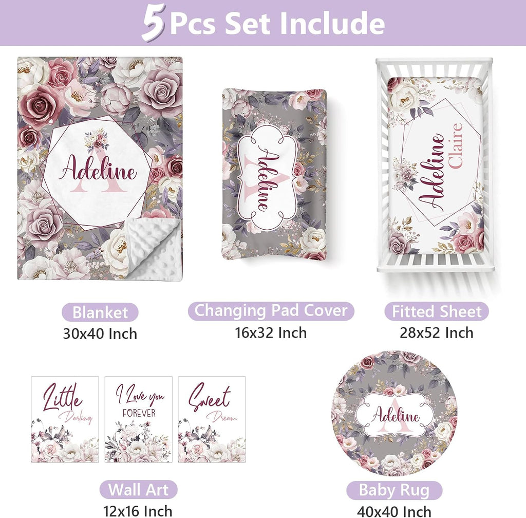 Personalized Baby Crib Bedding Set, 5 Pcs Custom Name Nursery Bedding Set for Girls Boys, Rose Baby Crib Set for Toddlers Infants, Double Layer Bedding Crib Sets Customized Gifts