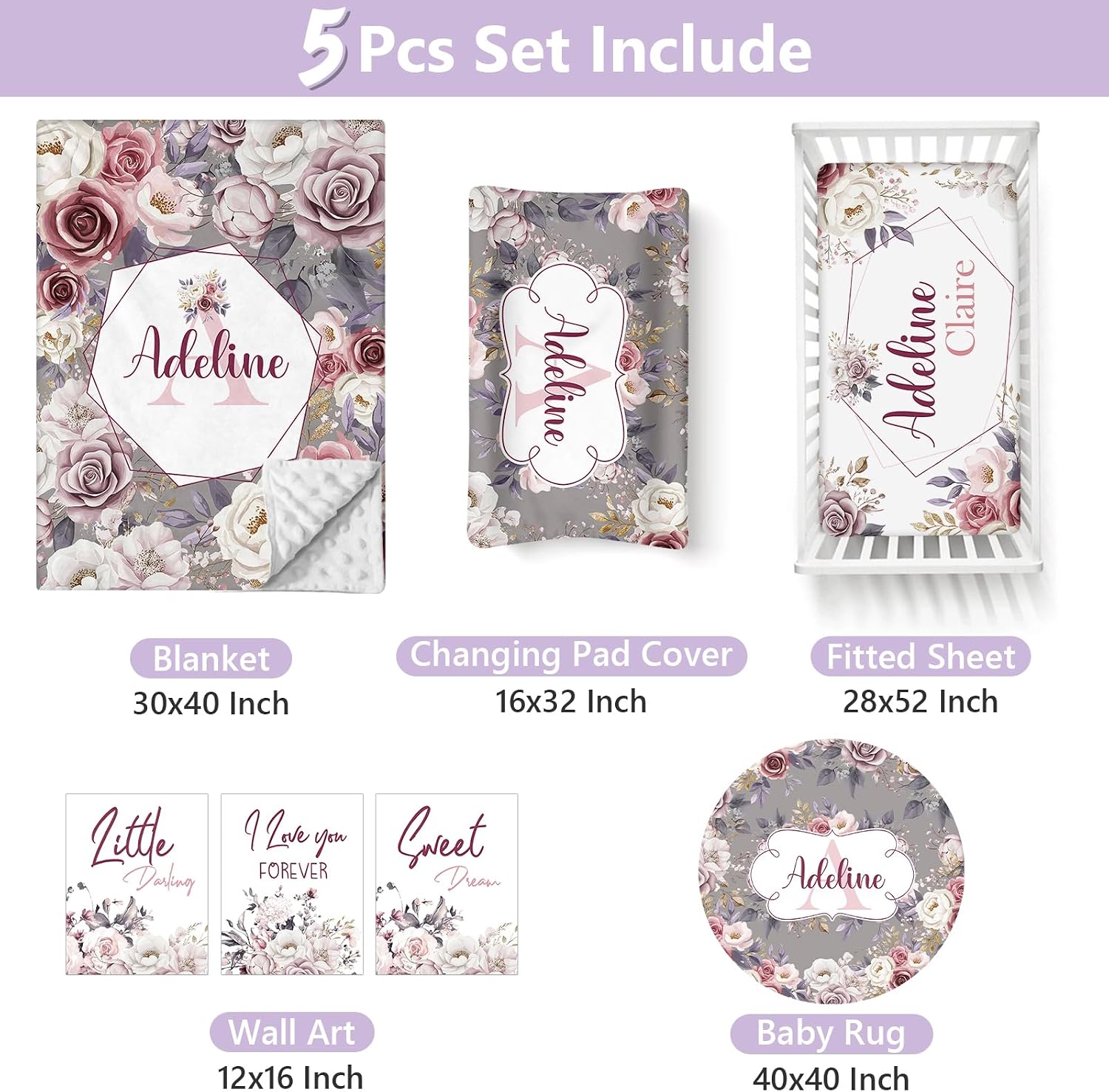 Personalized Baby Crib Bedding Set, 5 Pcs Custom Name Nursery Bedding Set for Girls Boys, Rose Baby Crib Set for Toddlers Infants, Double Layer Bedding Crib Sets Customized Gifts