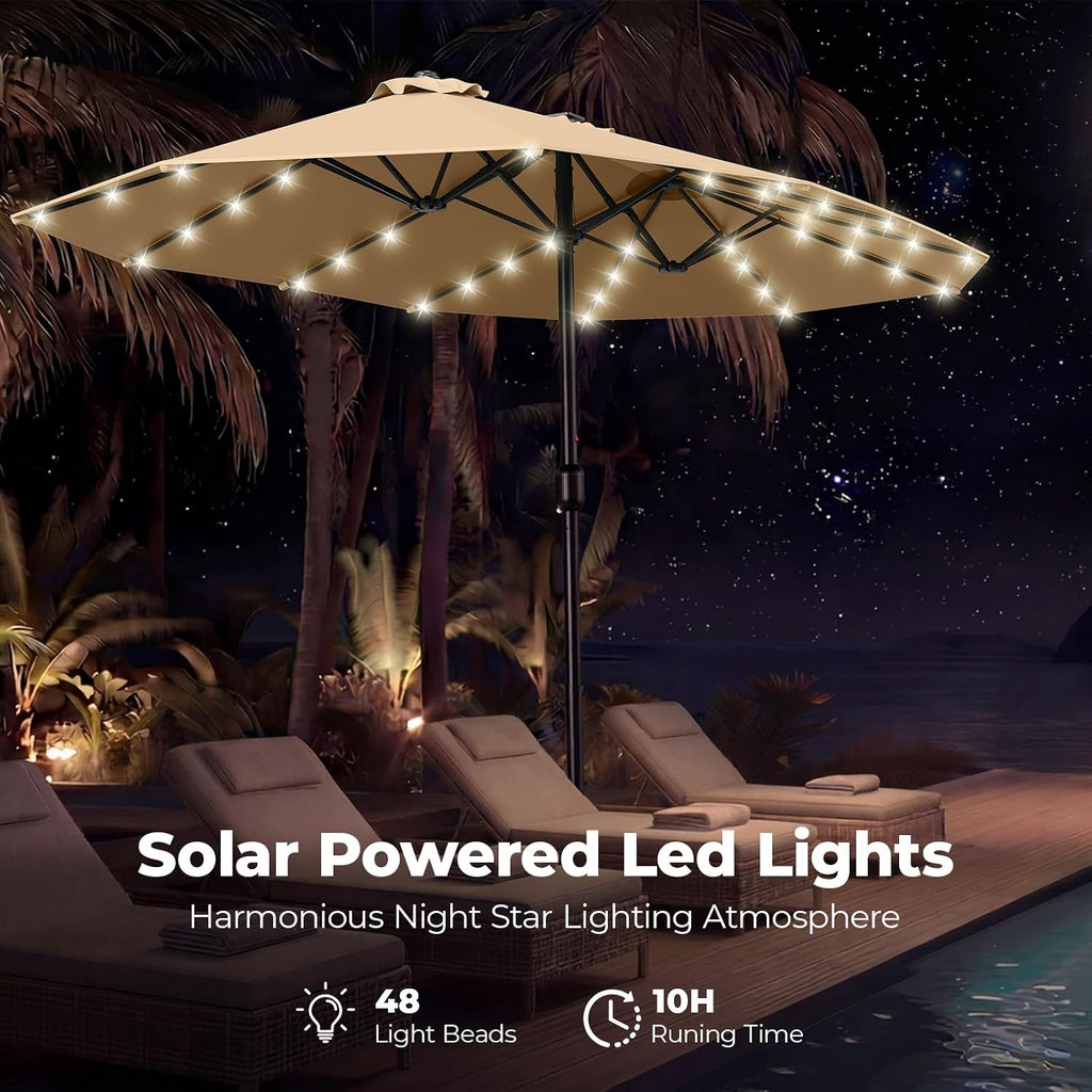 HOMSHADE Double Sided Patio Umbrellas - 13ft Solar Lights LED Lighted Outdoor Extra Large Market Table Umbrella with Base Included, Oversized Umbrella for Deck, Pool, Backyard