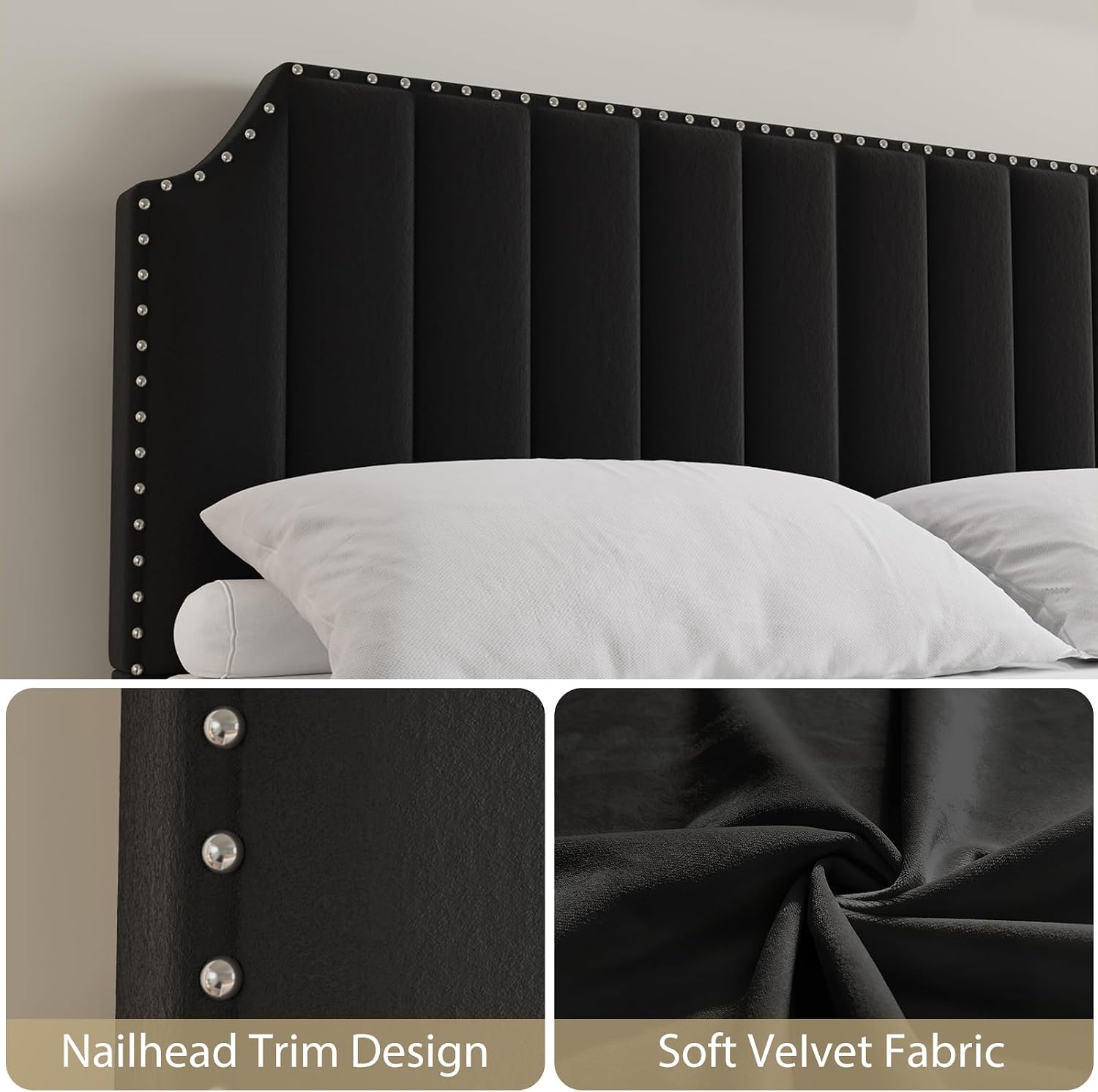Queen Size Bed Frame, Platform Bed Frame with Velvet Upholstered 50.2'' Headboard, Rivet Decoration, Strong Wooden Slats, No Box Spring Needed, Easy Assembly, Black