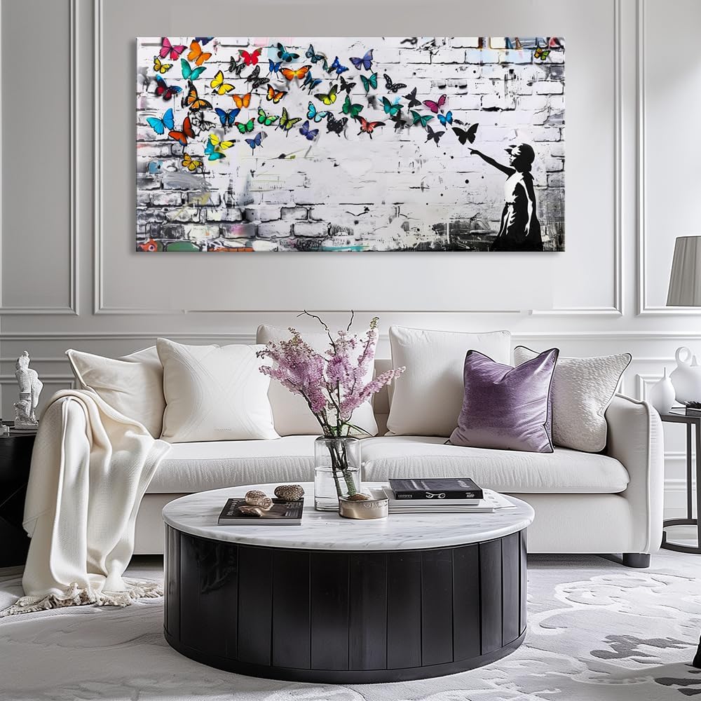 Colorful Graffiti Wall Art Funny Butterfly Paintings Banksy Street Art Mural Pop Art Home Office Wall Decor Framed Canvas Wall Decor for Living Room Ready to Hang - 71x36in
