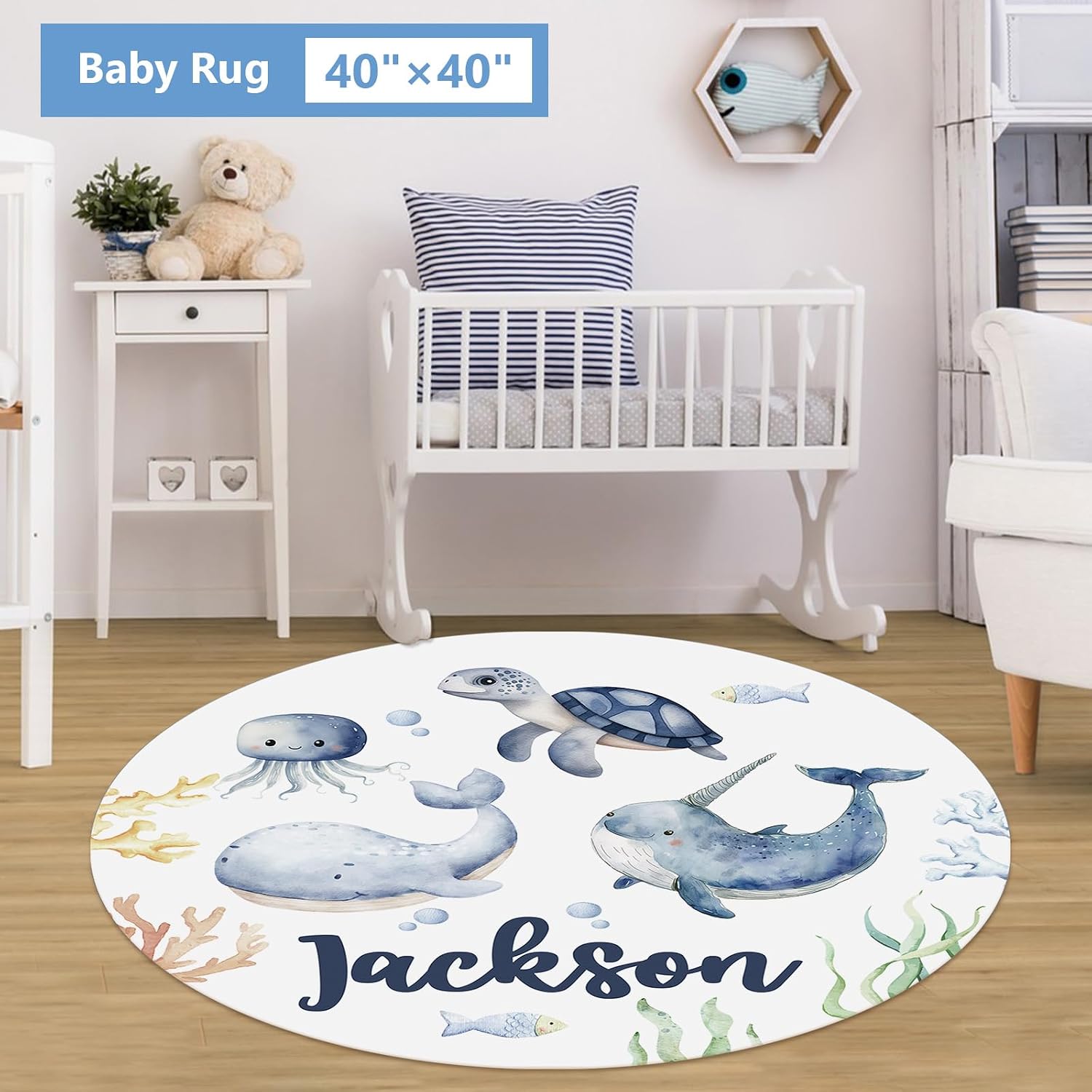 KAINSY Personalized Baby Crib Bedding Set, 5 Pcs Custom Name Bedding Set, Double Layer Nursery Set, Ocean Animal Crib Set for Girls & Boys, Gift for Toddler & Infant