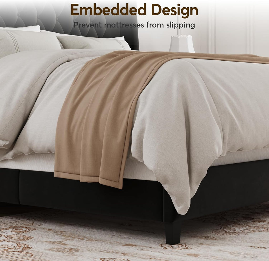 Queen Bed Frame with 55' Tall Headboard, Upholstered Black Bed Frame Queen, Soft Fabric, Button Tufted Headboard with Windback, Platform Bed, Noise-Free, No Box Spring Needed