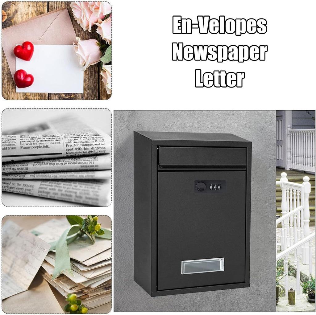 LANGSTON Locking Postbox for House, Wall Mounted Metal Mailbox, Security Lock Drop Box Collection Boxes Hanging Secure Postbox, Combination Lock Mail Boxes Outdoor,Black