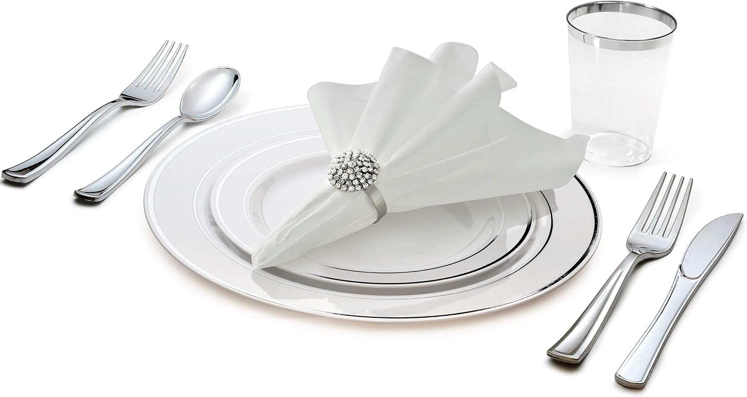' OCCASIONS ' 360 pcs/40 Guest-Full Tableware Set-Wedding Disposable Plastic Plates Silverware, Silver Rim Tumblers & Linen Feel Napkins/Metal Napkin Rings (Combo D, White & Silver Rim)