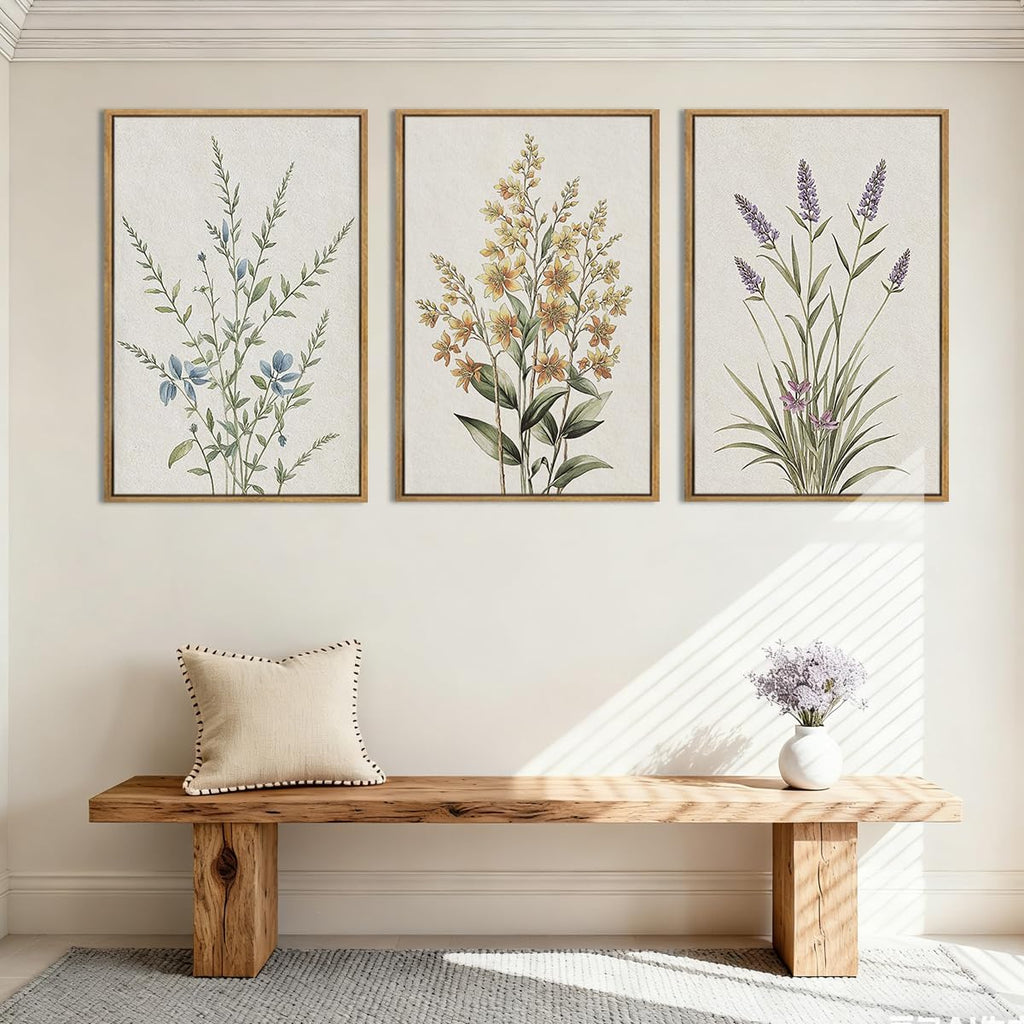 Anyzal Extral Large Botanical Framed Wall Art 24x36 Inch Neutral Floral Canvas Wall Decor Minimalist Beige Wildflower Painting for Living Room Bedroom Dining Room Set of 3