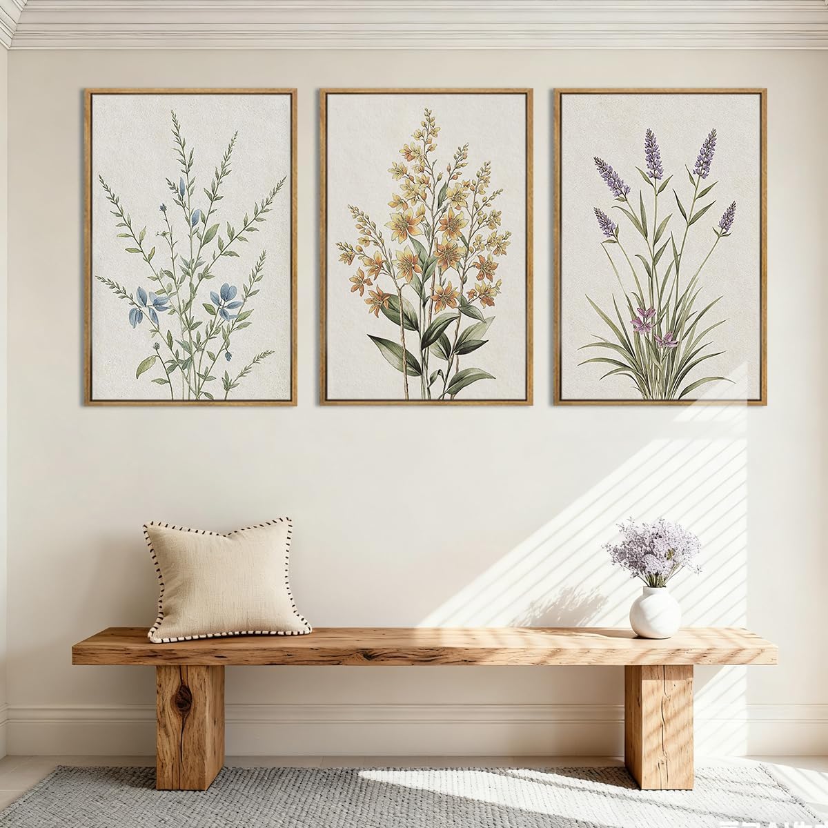 Anyzal Extral Large Botanical Framed Wall Art 24x36 Inch Neutral Floral Canvas Wall Decor Minimalist Beige Wildflower Painting for Living Room Bedroom Dining Room Set of 3