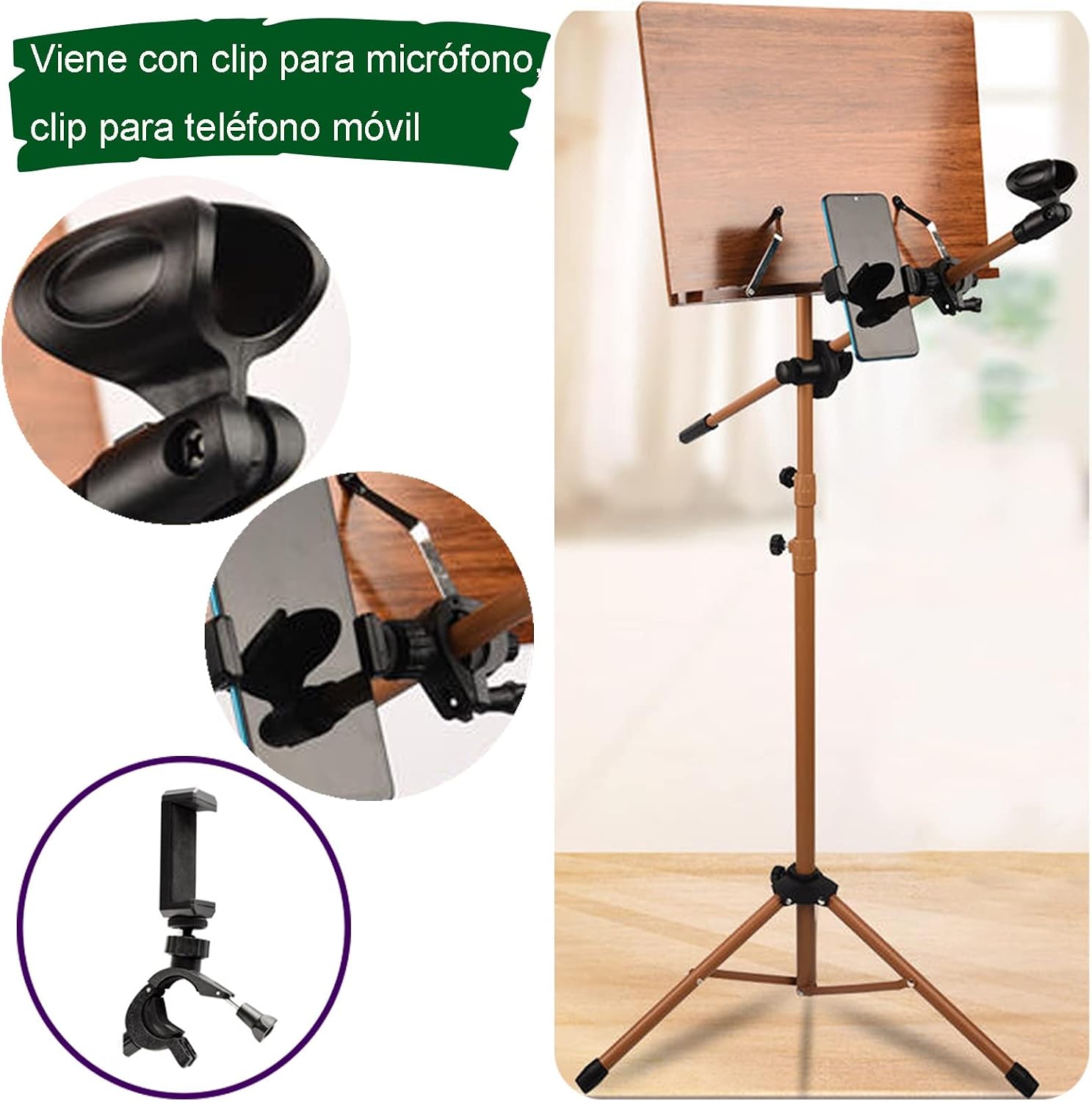 Sheet Music Stand with Violin Hanger, Bamboo Conductor Music Stand, Scientific Structural Design, The Height Can Be Lifted Freely, Foldable Music Stand for Sheet Music,