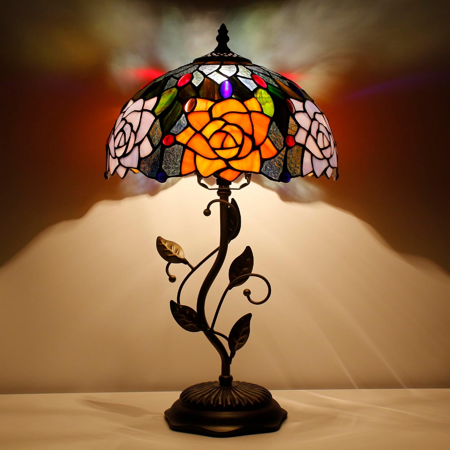 Tiffany Lamp Orange Red Rose Flower Stained Glass Table Lamp Desk Bedside Reading Light 12X12X19 Inches with Metal Leaf Base Decor Bedroom Living Room