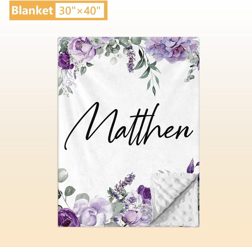 Terwex Personalized Baby Bedding Set - 5 Pcs Custom Toddlers Bedding Set with Infant Name - Soft Double Layer Nursery Crib Set for Girls Boys - Customized Infant Gifts for Baby Shower - Purple Flowers