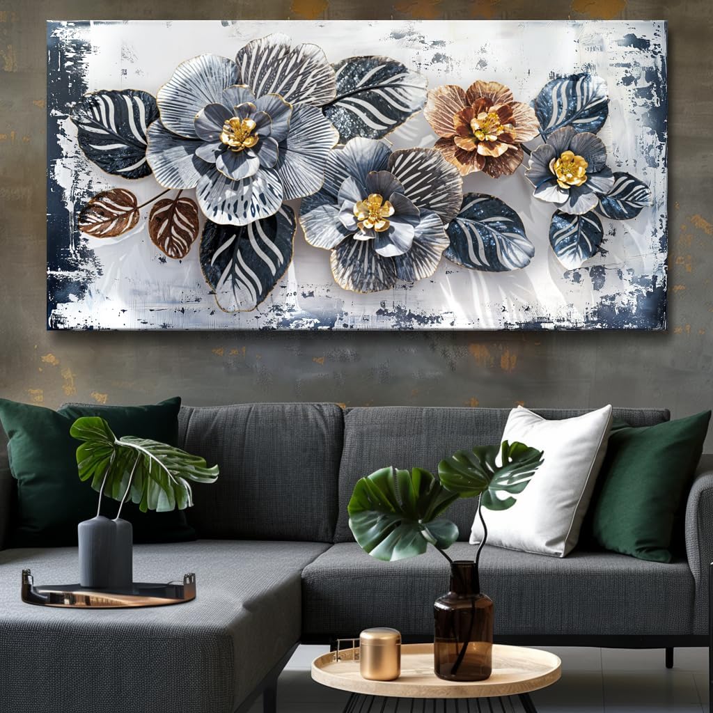 Large Floral Wall Art Decor Elegant Flower Framed Canvas Print Wall Décor for Living Room, Bedroom, Dining Room, and Home Office Modern Textured Ready to Hang - 24'x48'