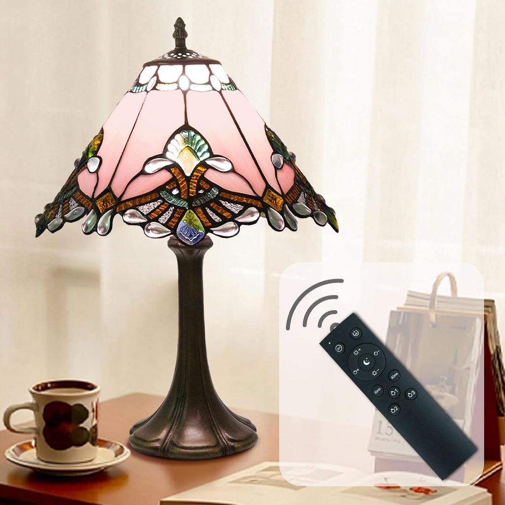 Tiffany Style Table Lamp, Small Stained Glass Lamp for Bedside, Bedroom, Nightstand, Living Room, 12 Inch Mini Vintage Light Included E26 Bulbs with Remote Control (Pink Umbrella)