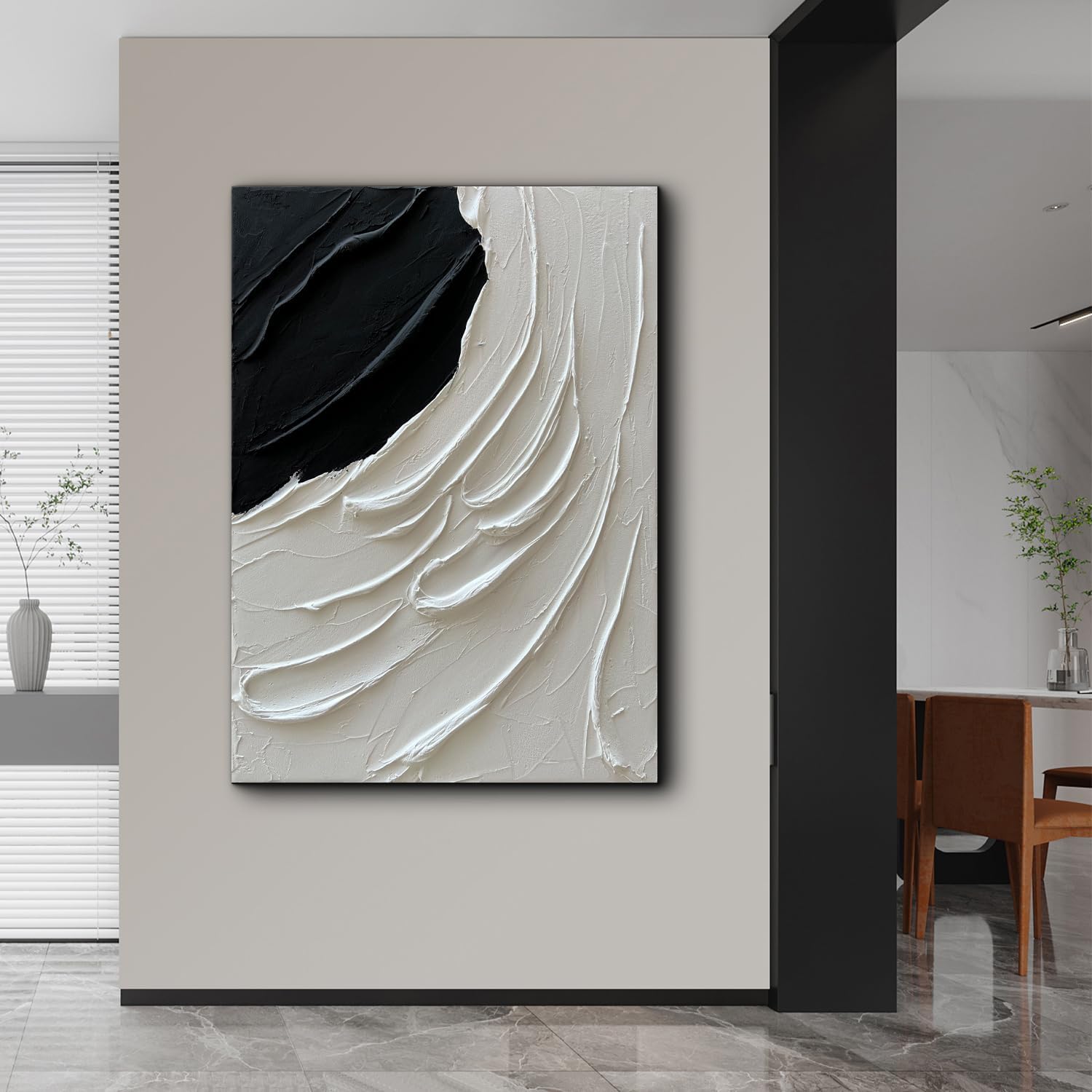 Creespi Hand Painted Thick Textured Black and White Wall Art 28x40 inch,Modern Minimalist Abstract Oil Painting On Canvas for Wall Decor