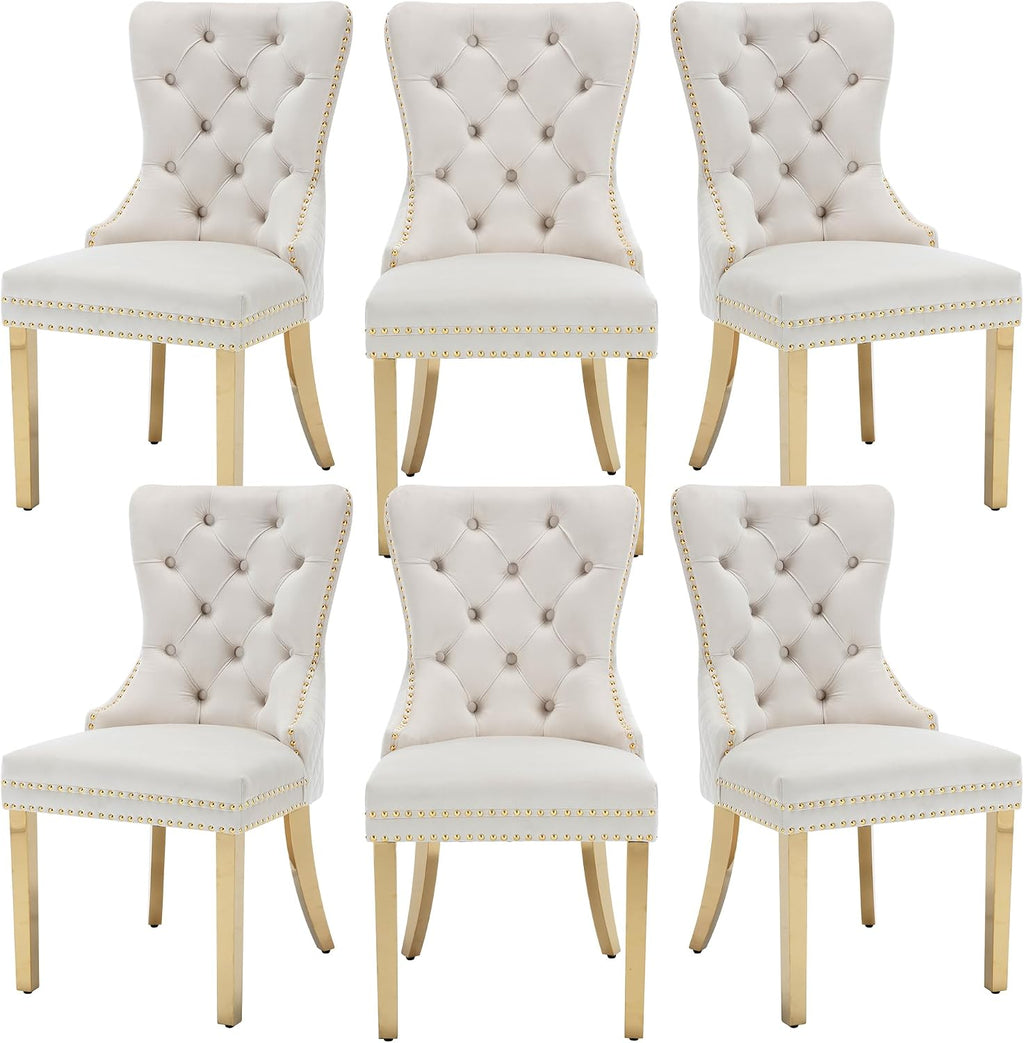 Velvet Dining Chairs Set of 6, Upholstered Dining Room Chairs, Mid-Century Modern Chairs with Diamond Lattice Tufted Back, Lion Pull Ring Rivet Trim, Golden Metal Legs for Kitchen, Beige