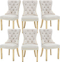 Velvet Dining Chairs Set of 6, Upholstered Dining Room Chairs, Mid-Century Modern Chairs with Diamond Lattice Tufted Back, Lion Pull Ring Rivet Trim, Golden Metal Legs for Kitchen, Beige