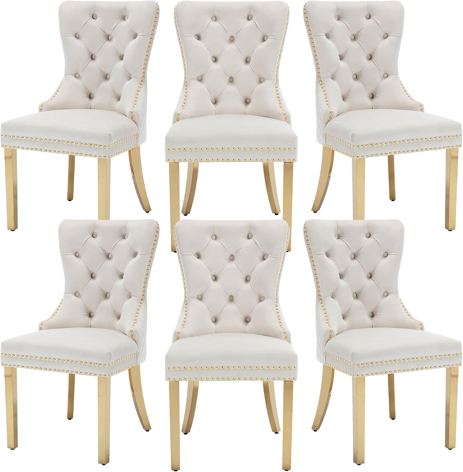 Velvet Dining Chairs Set of 6, Upholstered Dining Room Chairs, Mid-Century Modern Chairs with Diamond Lattice Tufted Back, Lion Pull Ring Rivet Trim, Golden Metal Legs for Kitchen, Beige