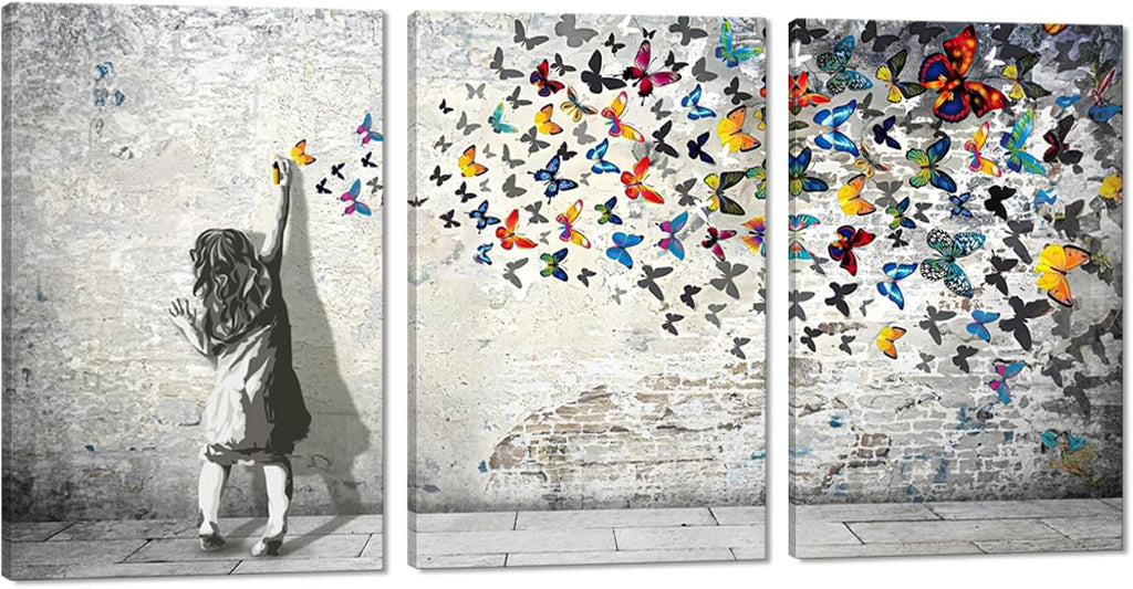 Novatique Banksy Canvas Wall Art Colorful Graffiti Wall Art Beautiful Butterfly Painting Print Abstract Graffiti Street Poster Artwork for Living Room Bedroom,24'x 36'x 3Pcs