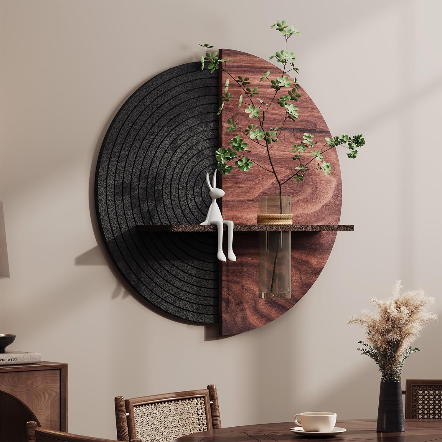 3D Textured Round Abstract Wall Art Decor With Shelf, Modern Minimalist Geometric Black Brown Artwork for Walls, Circle Sandstone Texture Wall Decor for Living Room, Hallway, Kitchen, Bedroom, Office