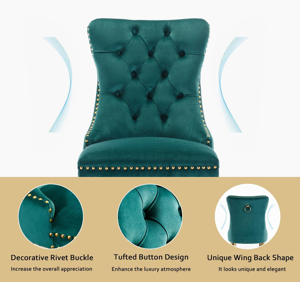 2 Piece Contemporary Velvet Upholstered Dining Chair with Chrome Stainless Steel Plating Legs, Nail Head Decro, Armless Tufted Dining Chair Fabric Dining Room Chair (Green&Gold, Set of 2)
