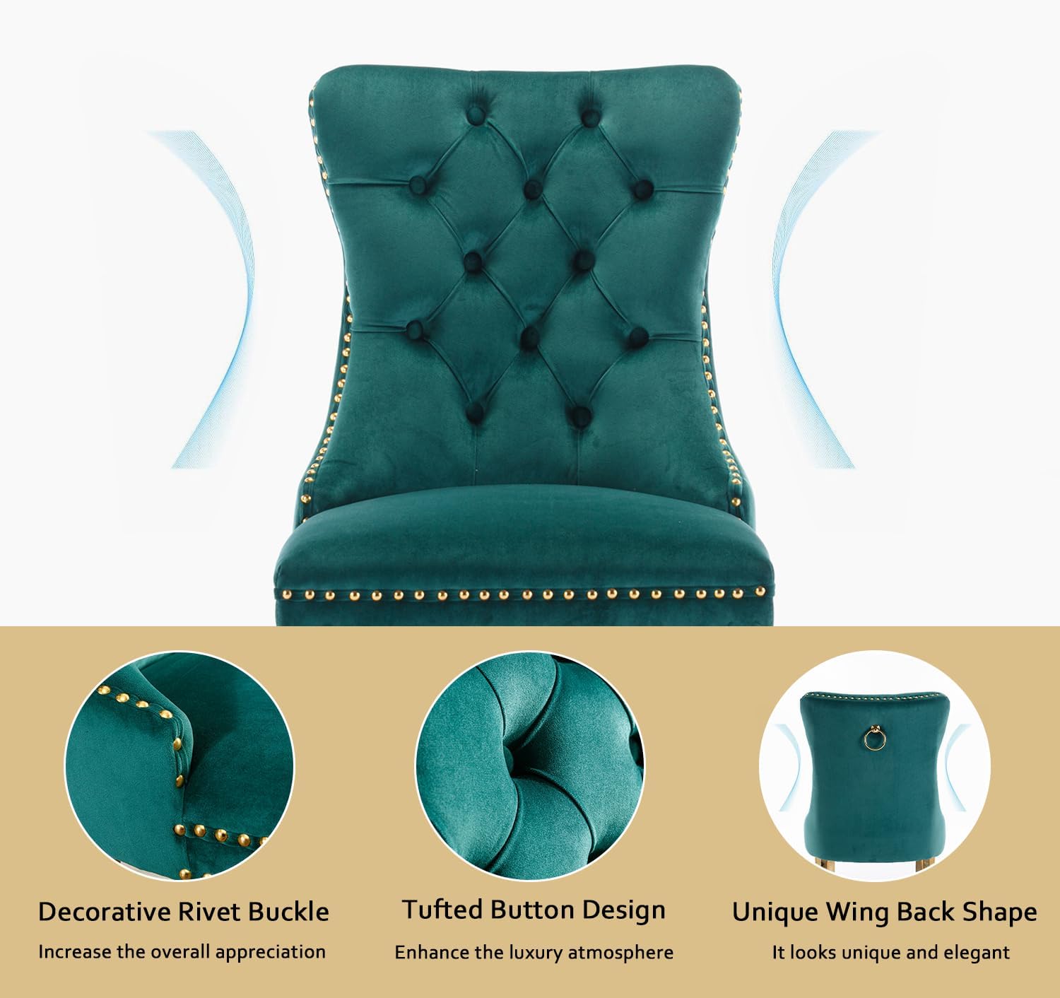 2 Piece Contemporary Velvet Upholstered Dining Chair with Chrome Stainless Steel Plating Legs, Nail Head Decro, Armless Tufted Dining Chair Fabric Dining Room Chair (Green&Gold, Set of 2)