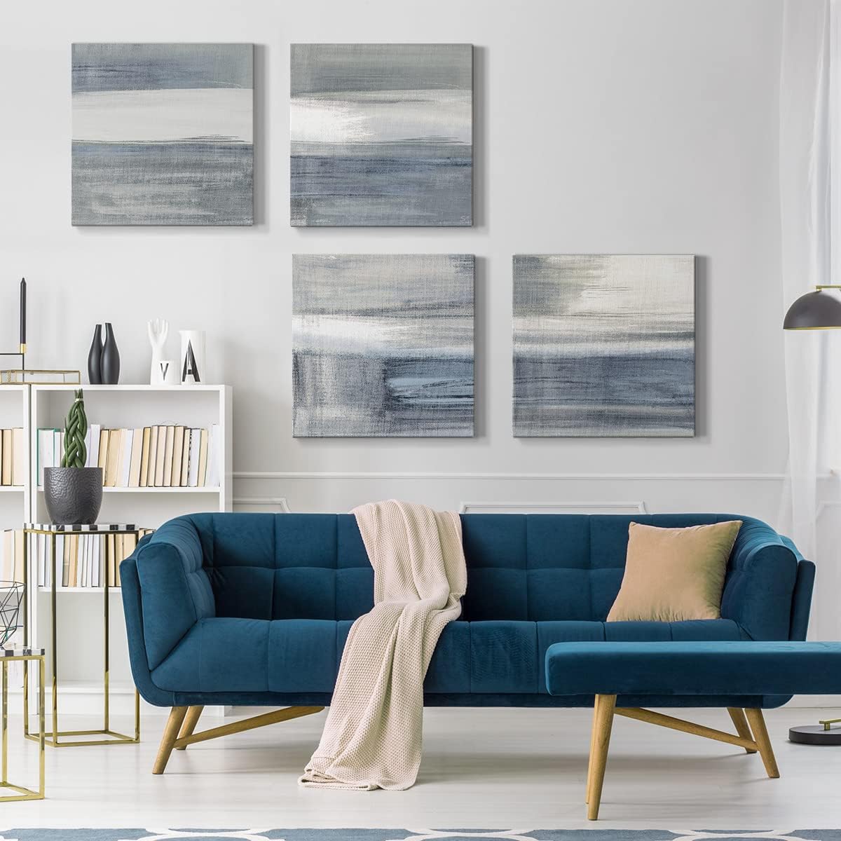 Modern Home Wall Décor Abstract Black and White Grey Canvas Wall Art 24 x 24 inches Set of 4 Framed Artwork for Living Room Bedroom