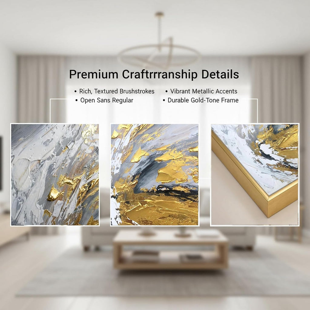 Large 3D Textured Abstract Canvas Wall Art for Entryway, Hand Painted Gold Foil Wall Painting for Office, Modern Luxury Gray & Gold Framed Artwork for Living Room Bedroom Home Décor 30x44 inches