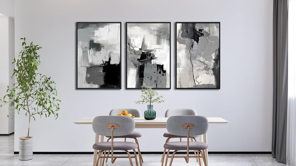 Large Framed Canvas Wall Art - Retro Grey Graffiti Pictures for Living Room Rustic Abstract Wall Decor Vintage Prints for Bedroom Dinning Room Black Float Framed 24' X 36' X 3 pcs