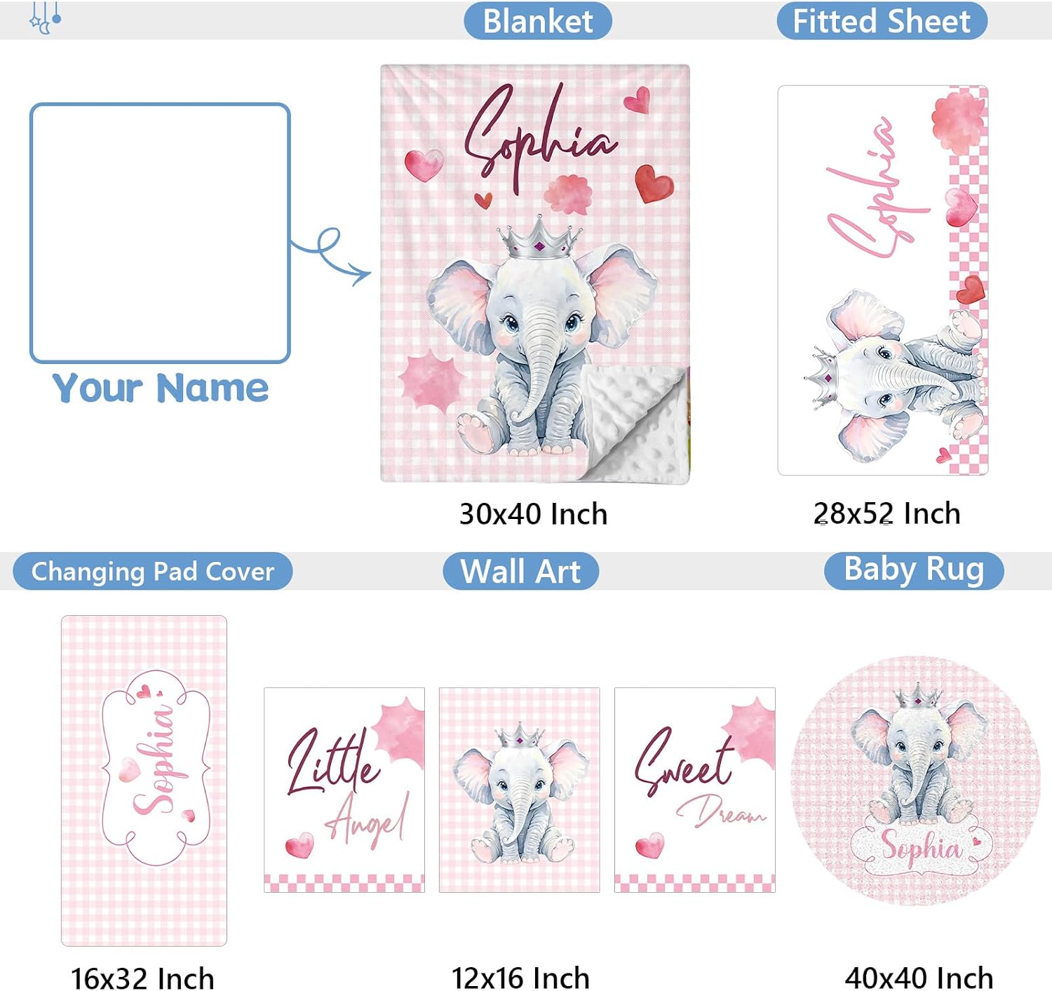 KAINSY Personalized Baby Crib Set, 5 Pcs Custom with Name, Soft Elephant Crib Bedding, Double Layer Toddler Infant Bedding, New Parents Gifts