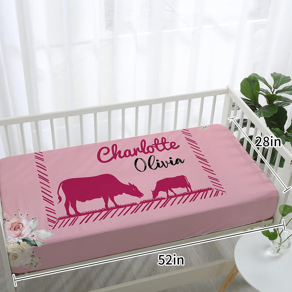 TOOTANN Custom Baby Crib Bedding Set, 5 Pcs Personalized Name Baby Crib Sheets for Kid Toddler Infant, Pink Background Highland Cow Plaid Pattern Nursery Bedding Set