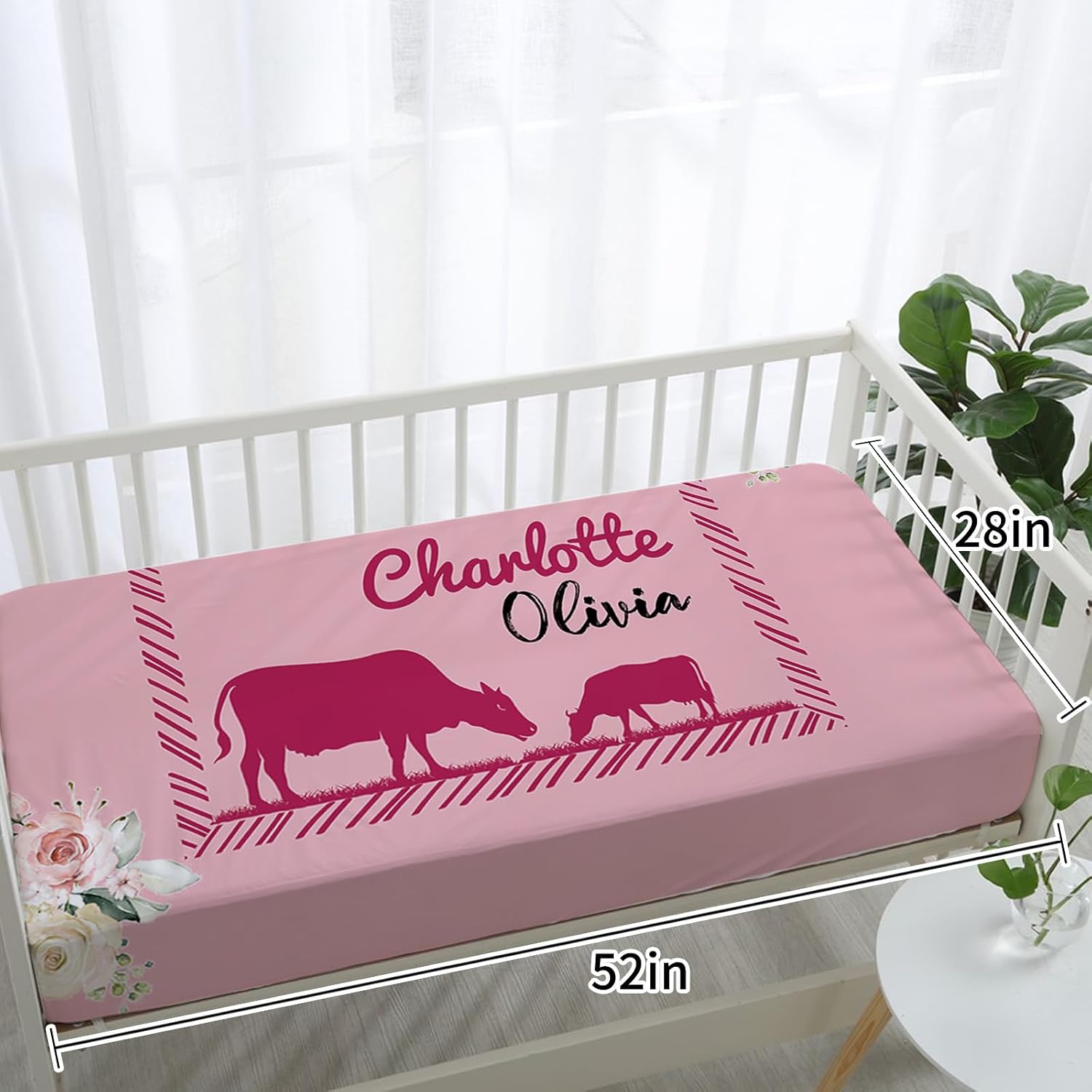 TOOTANN Custom Baby Crib Bedding Set, 5 Pcs Personalized Name Baby Crib Sheets for Kid Toddler Infant, Pink Background Highland Cow Plaid Pattern Nursery Bedding Set
