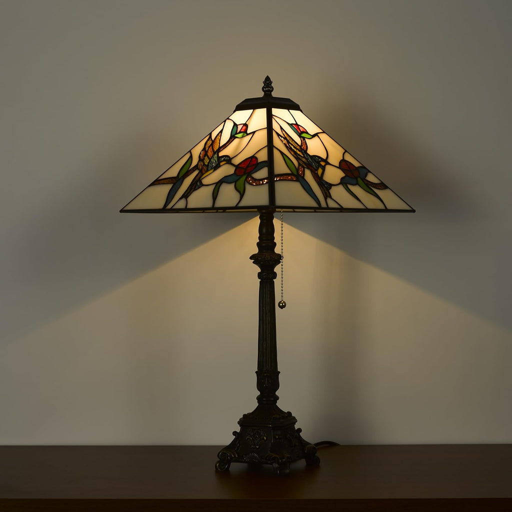 Tiffany Table Lamps White Stained Glass Hummingbird Style Mission Desk Lamp 12X12X24 Inch Bronze Resin Base