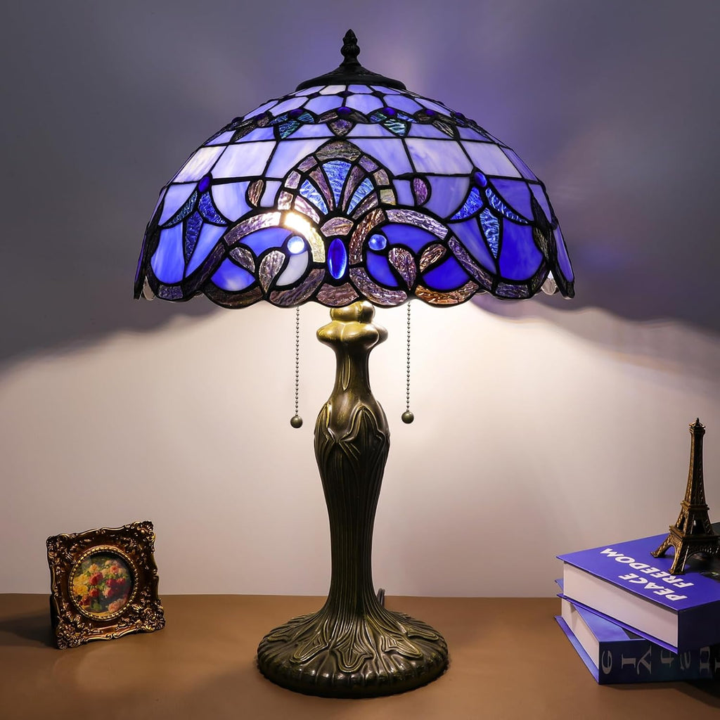 Stained Glass Table Lamp, Adjustable 3 Color Temperature,Blue Baroque Style Lampshade & Plant Texture Curve Antique Base Desk Reading Light 16X16X24 Inches Decor for Bedroom Living Room Office