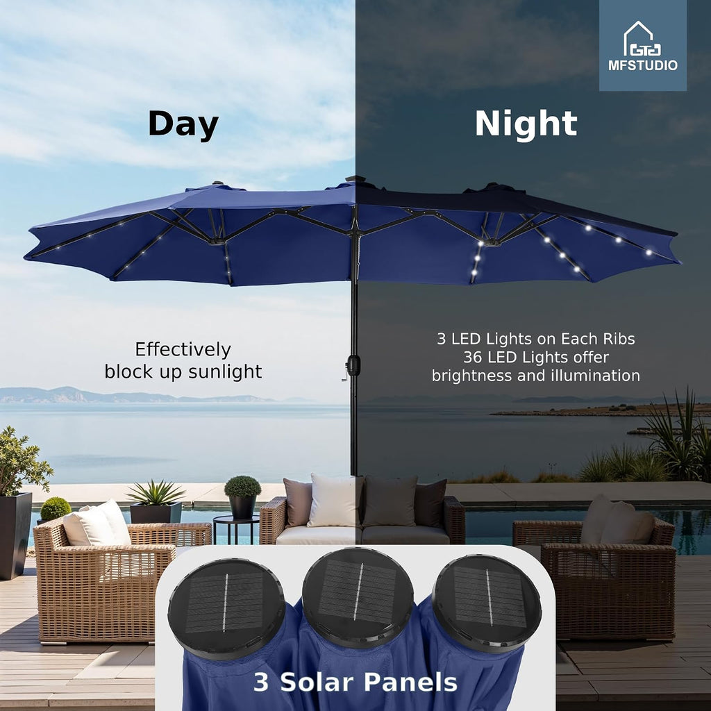 MFSTUDIO 15ft Double Sided Patio Umbrella with Solar Lights, Outdoor Large Umbrellas with Crank Handle and 36 LED Lights, Rectangular Market Umbrella with Base Included for Deck Pool Shade, Navy Blue