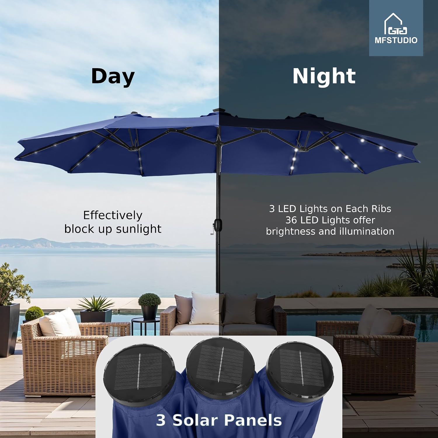 MFSTUDIO 15ft Double Sided Patio Umbrella with Solar Lights, Outdoor Large Umbrellas with Crank Handle and 36 LED Lights, Rectangular Market Umbrella with Base Included for Deck Pool Shade, Navy Blue