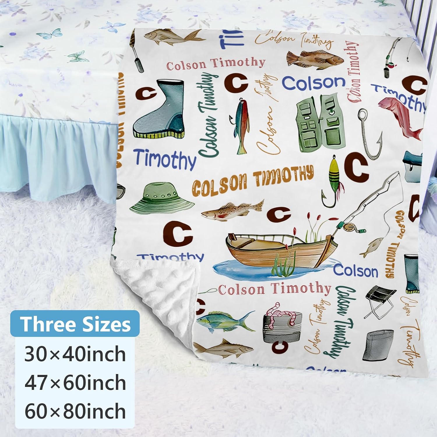 Dyoart Custom Nursery Crib Bedding Set: 5 Piece Go Fishing Baby Crib Sets for Girls Boy with Personalized Name - Toddler Double Layer Blanket Set,Comfortable Crib Bed Sheets for Baby Boys