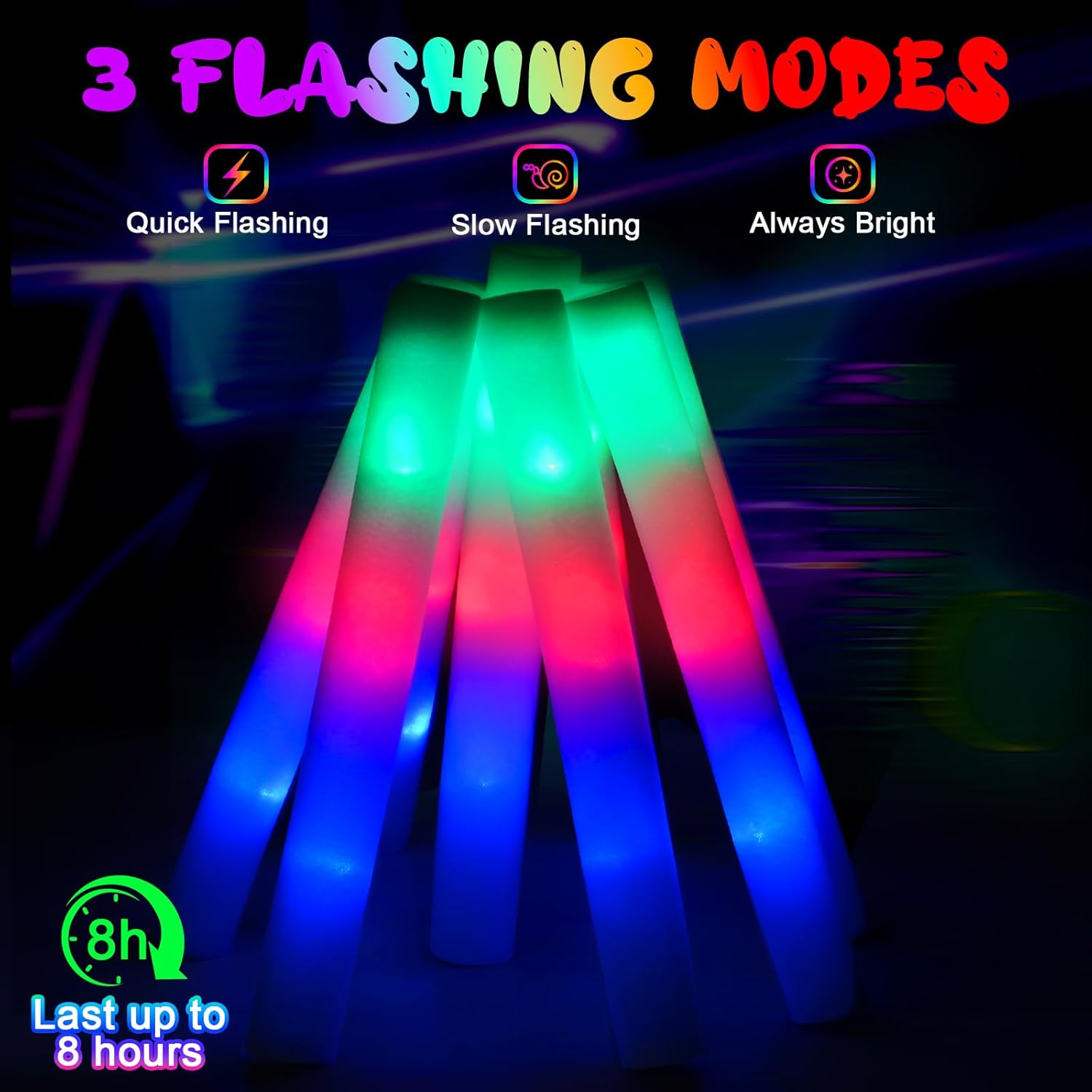 HONLYNE 200PCS Foam Glow Sticks with 3 Modes Colorful Flashing, LED Light Sticks, Glow Sticks Party Pack for Wedding, Raves, Concert, Party, Christmas Supplies
