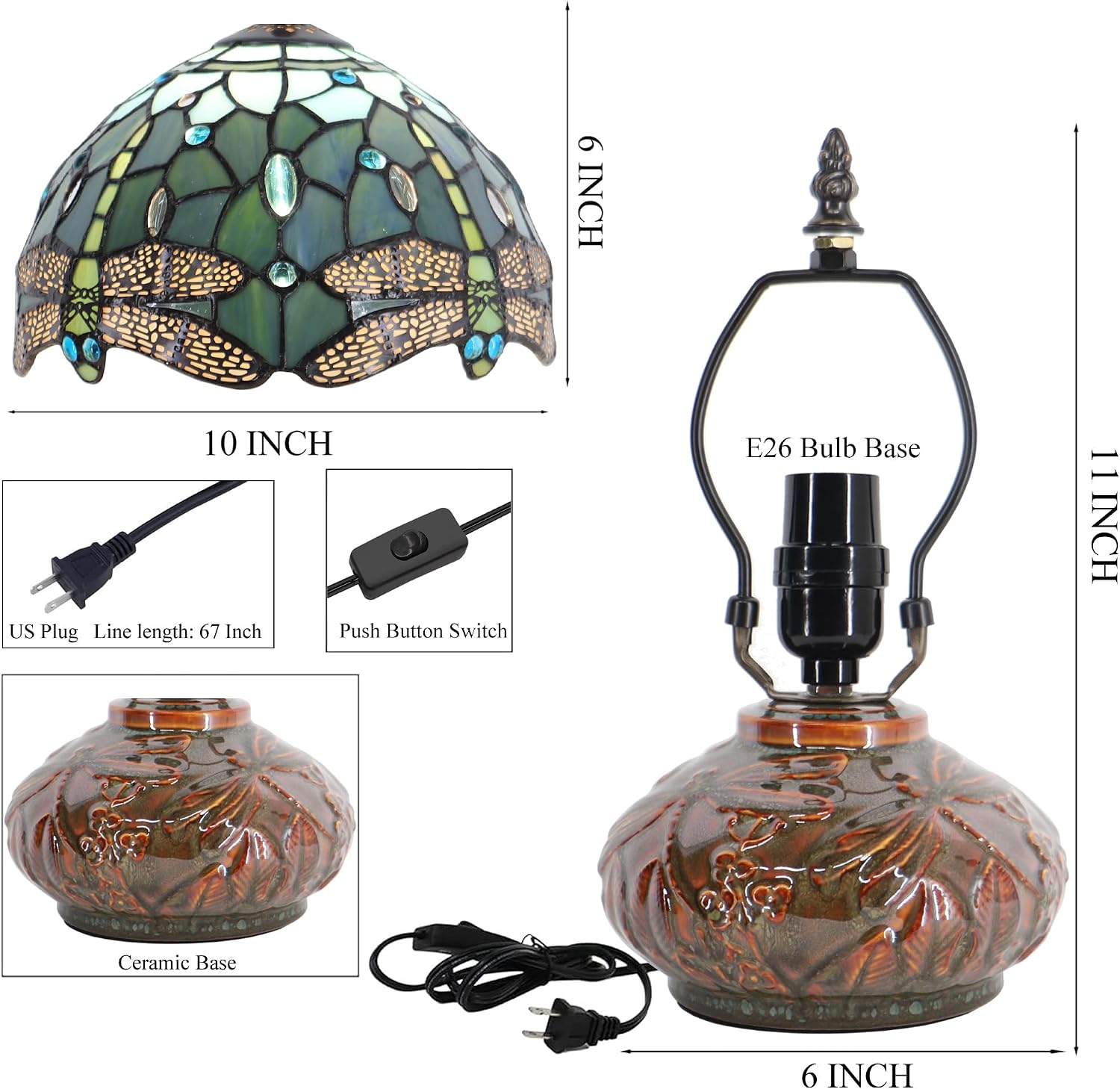 Small Tiffany Table Lamp Mini Mushroom Stained Glass Lamp Memory Sympathy lamp 10X11 Inch (Sea Blue Dragonfly)