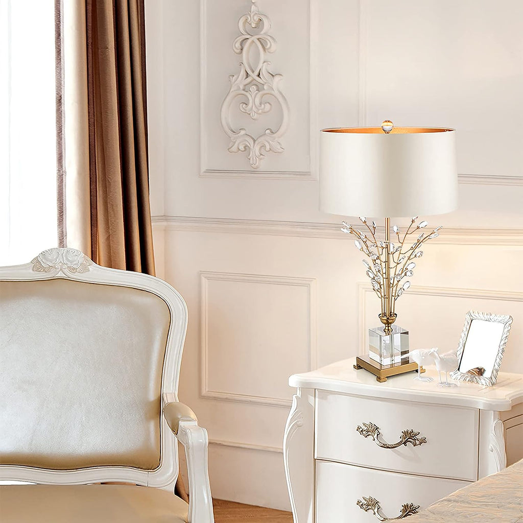 Glass Table Lamp Modern Bedside Lamp Decorative with Metal Base White Linen Fabric Lampshade Modern Bedside Lamp for Bedroom Living Room Elegant Nightstand Lamp Crystal Decoration for Office Desk