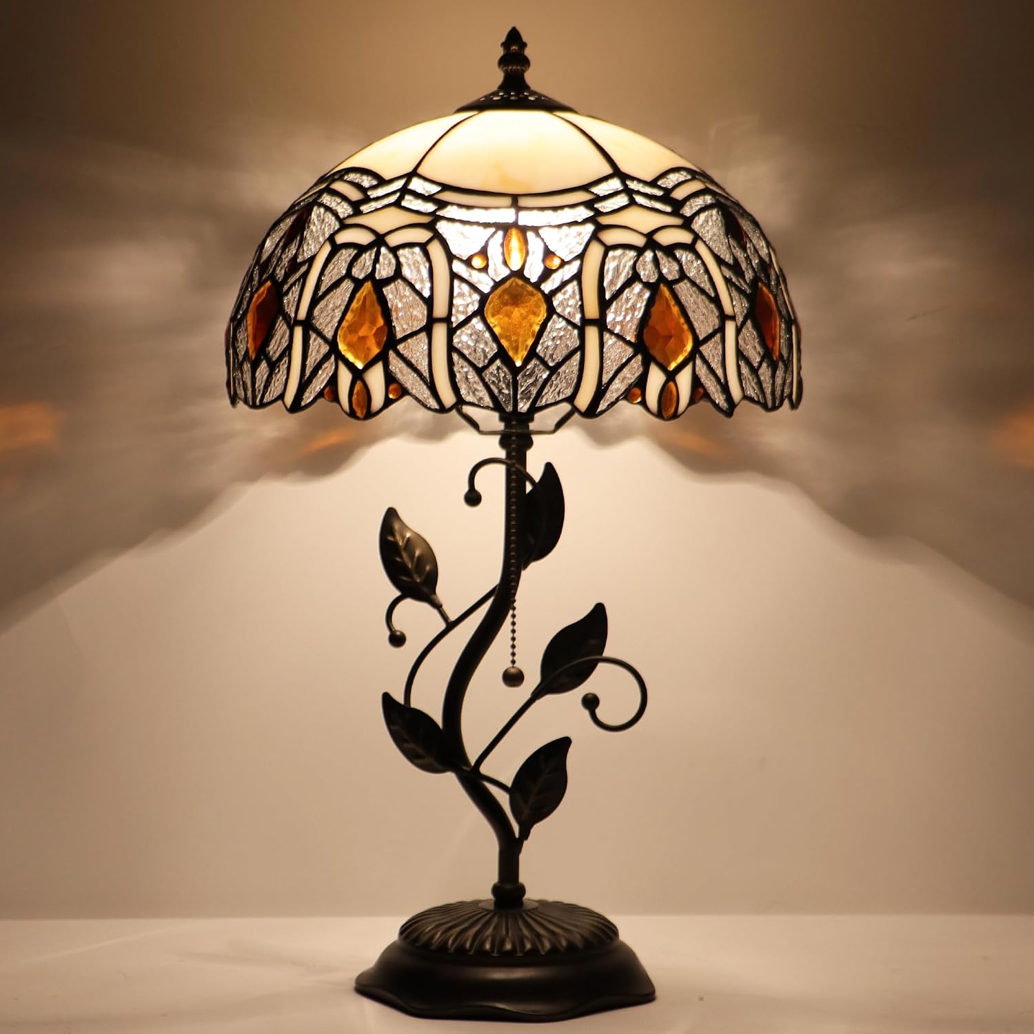 Tiffany Table Lamp Stained Glass Desk Lamp Metal Leaf Base Reading Light 12X19 Inch (Crystal Style)